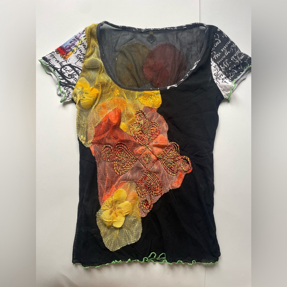 Colorful Floral Abstract Sheer Fitted Mesh Top with Floral Design shirt - Picture 1 of 6